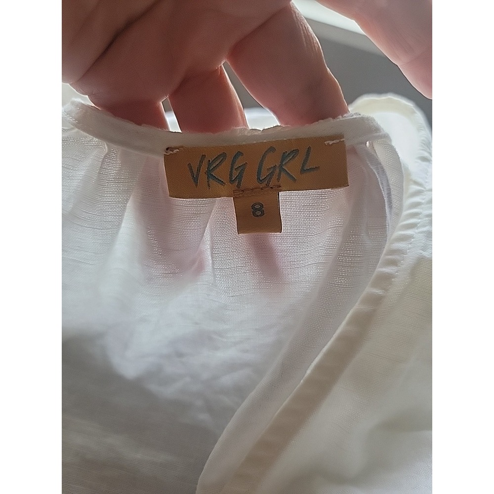 VRG GRL Linen Blend‎ Balloon Sleeve Deep V Crop Milkmaid Fairycore Ivory Sz 8 - Picture 8 of 13